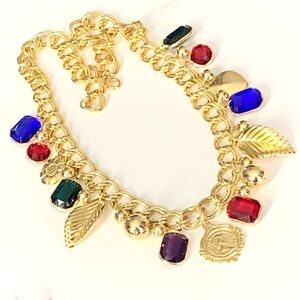 RARE  Charm Necklace with Open Bezel Gemstones , Engraved Puff Flower Charms, Le